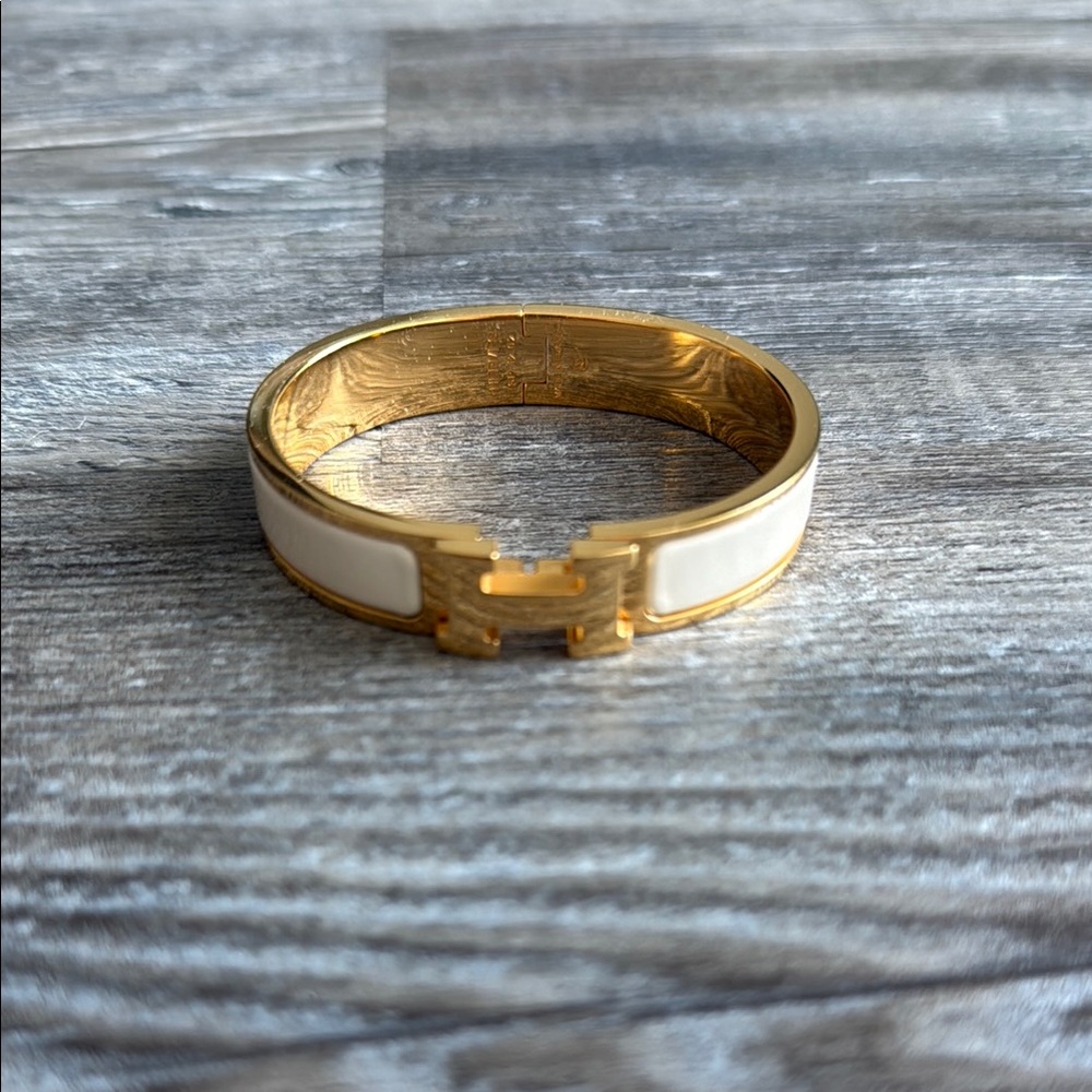 Hermes Gold and White H-Design Bracelet